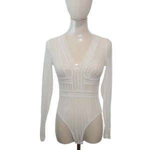 Hello Molly Small White Long Sleeve Lace Backless Thong Bodysuit VNeck